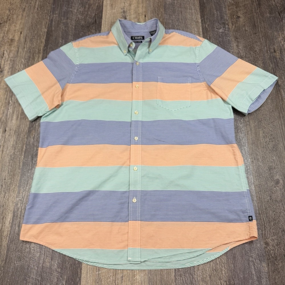 Chaps Button Down Shirt Mens XXL Striped Colorblock Short Sleeve Cotton Blend